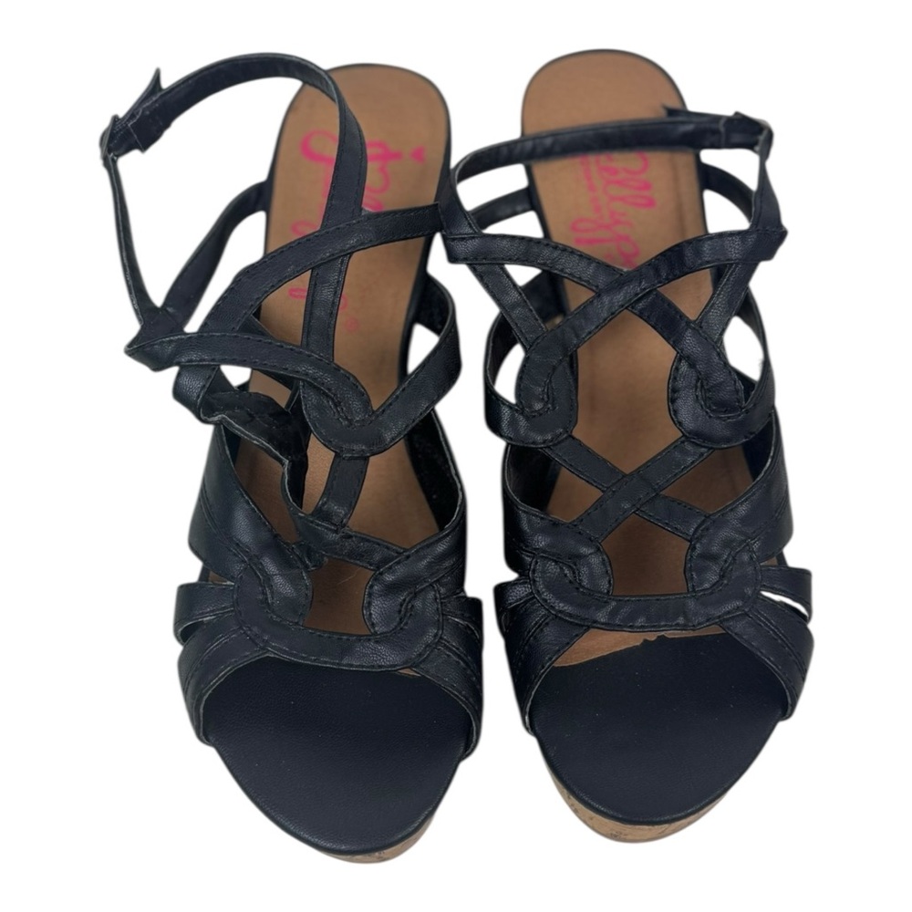 Jellypop Comfort Fit Strappy Sandals Womens Size 11 Cork Wedge Black Heels Shoes